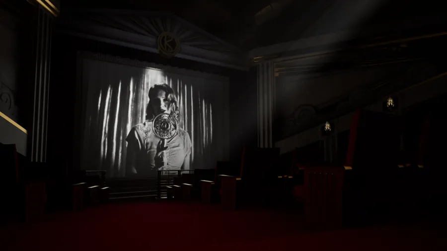 A cinema screen showing a black-and-white film
