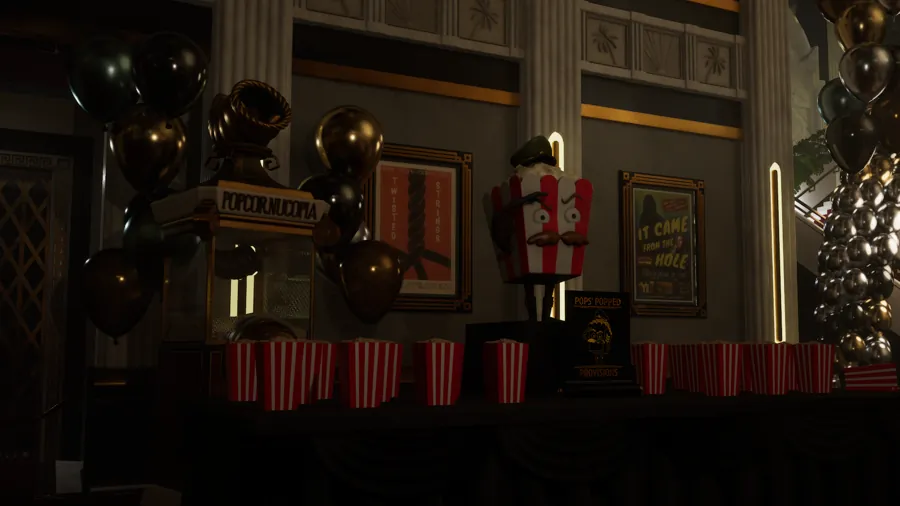 A popcorn stand decked out with balloons