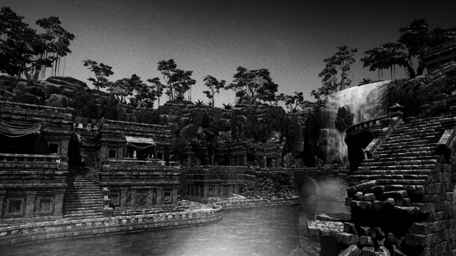Temple ruins beside a river