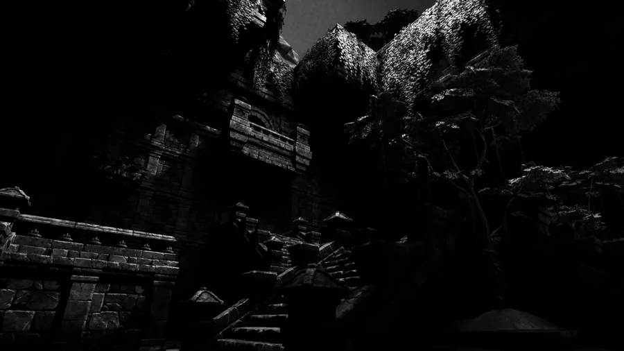Overgrown ruins at night